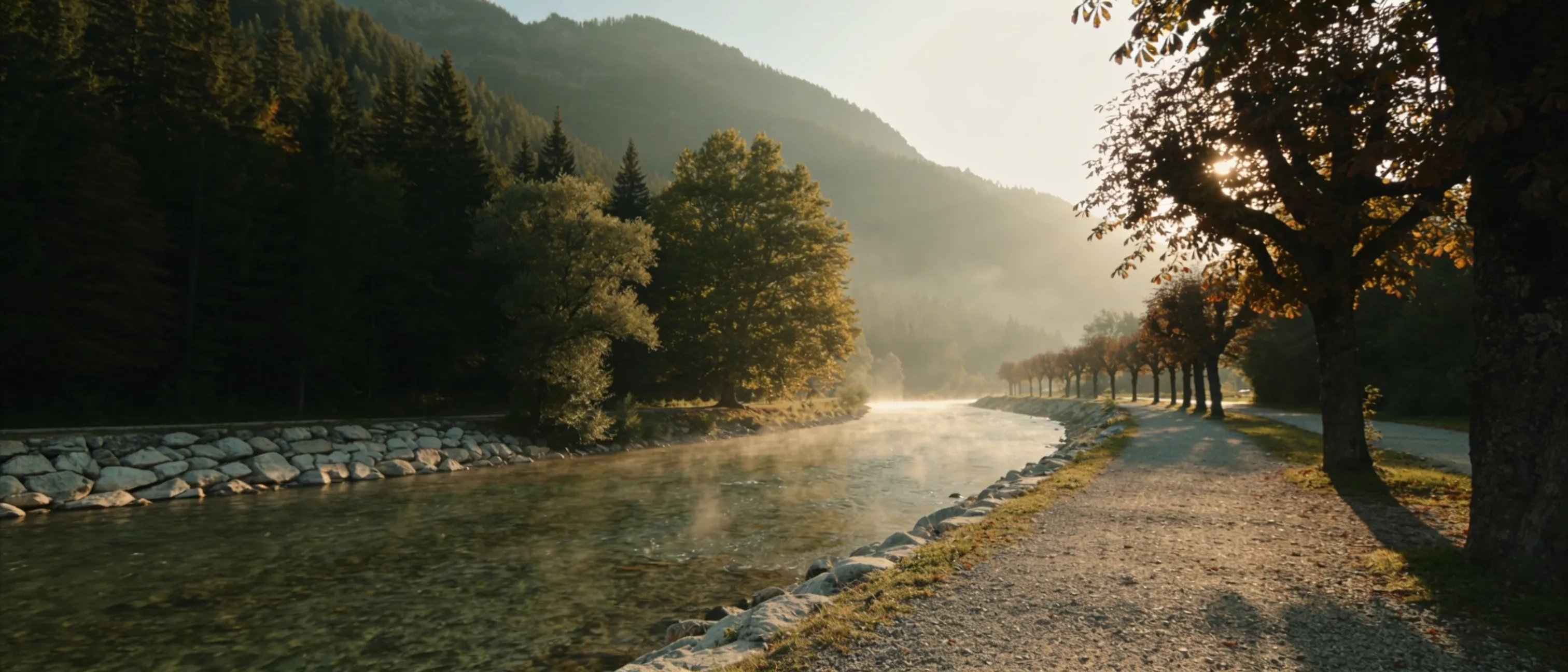 A riverside walking path under old trees beside a mountain river — the walk the house is named for